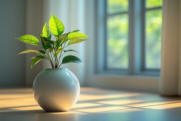 Poster - A simple arrangement of a white vase with a plant on a table, perfect for home or office decor