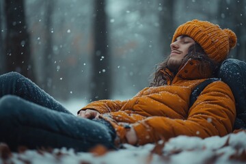 Poster - A person lying down in snowy environment, eyes closed