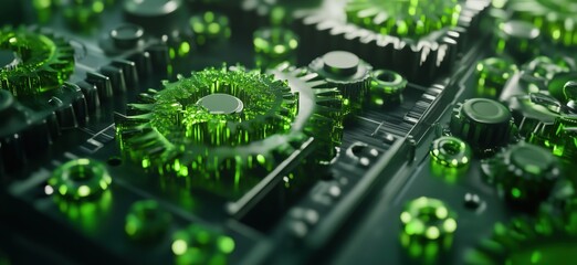 Poster - Intricate green mechanical gears and components in a futuristic design