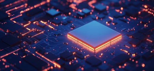 Poster - Futuristic microchip with glowing circuitry and intricate electronic components