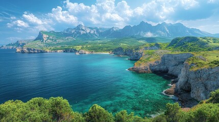 Poster - Scenic ocean view with mountains in the background, great for travel or nature-related projects