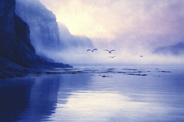 Poster - Serene coastal landscape at dawn, misty cliffs, calm sea, birds in flight.