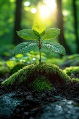 Aufkleber - A small plant sprouts out of the ground, with fresh green leaves and stems