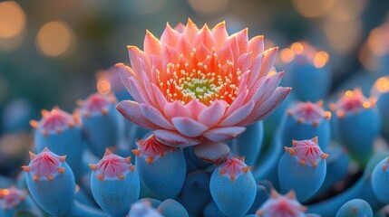 Poster - Close-up shot of a pink flower on its stem, surrounded by leaves and greenery
