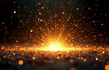 Aufkleber - Golden sparks burst on dark background creating abstract, magical scene. Glittering light rays emanate from central explosion point with bokeh effect. Celebration, festive, New Year, Christmas
