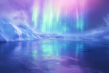 Aufkleber - Enchanted winter landscape with vibrant aurora borealis illuminating snow-covered river and icy banks.