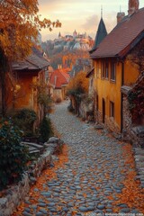 Poster - A scenic cobblestone street leading to a medieval-style castle in the background, perfect for historical or fantasy themed projects