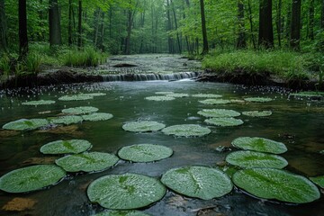 Aufkleber - A serene scene of a stream winding its way through a lush green forest, perfect for use in nature-inspired designs or as a calming background image