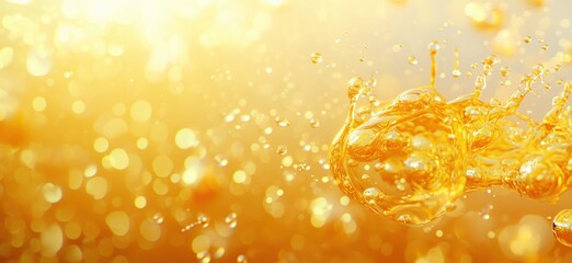 Poster - Golden liquid splash with bubbles and shimmering background for creative designs