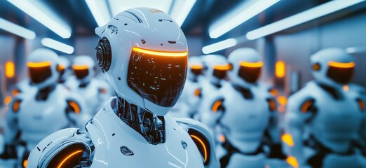 Poster - Futuristic robots in a high-tech environment with glowing accents and sleek design