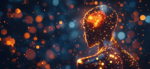 Poster - Illuminated human silhouette with glowing brain and sparkling particles in background
