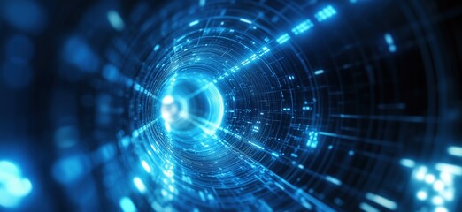 Poster - Futuristic digital tunnel with glowing blue lights and data streams