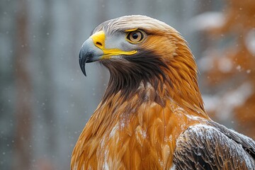 Poster - A close-up shot of a bird of prey in a snowy environment, providing a unique perspective on this majestic creature