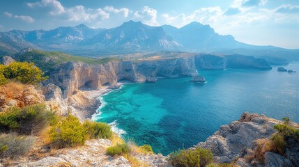 Poster - Panoramic view from the top of a hill, showing the ocean and mountains in the distance