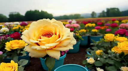 Wall Mural - field colorful flowers including vibrant roses peonies arranged lush bouquets creating visually striking floral landscape high definition video