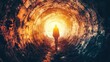 © ORG - A person standing in a dark tunnel, facing a bright light at the exit Representing overcoming challenges and leading others forward.