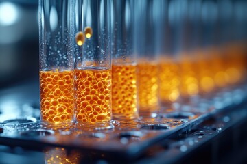 Poster - Row of test tubes filled with various liquids in a chemical laboratory setting
