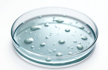 Poster - Petri dish on isolated background. Drops, stains, serum, liquid, molecules in petri dish. Laboratory tests for bacteria, virus, skin moisture or cosmetics ingredients research. Science banner.
