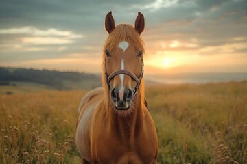 Poster - A brown horse stands in a lush field of tall grass