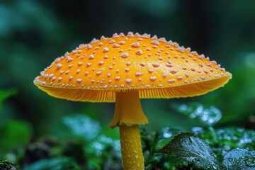 Aufkleber - A close-up view of a bright yellow mushroom growing on the forest floor