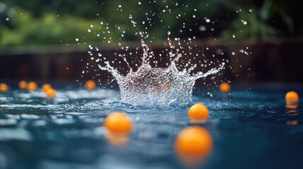 Poster - Fresh oranges floating in a pool with a splash of water