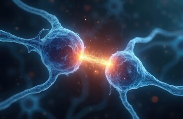 Aufkleber - Neural network synapse junction nerve cells communicate, transmitting signals throughout nervous system. Brain, mind impulse technology, cognition, science innovation, memory, health, consciousness,