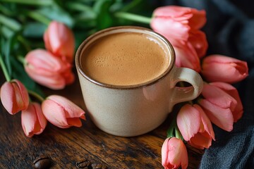 Poster - A warm and inviting scene featuring a cup of coffee and a few pink tulips