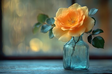 Poster - A single yellow rose is placed in a blue glass vase on a table or shelf