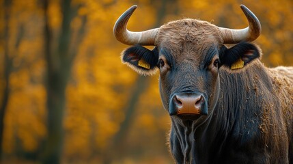 Poster - A close-up shot of a brown cow with distinctive horns, suitable for rural or farm-themed contexts