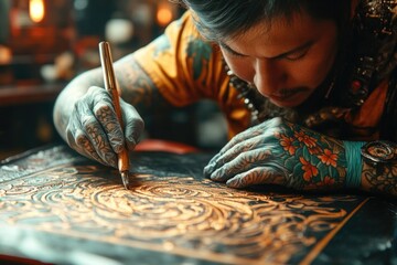 Aufkleber - A person with tattoos works on a handwritten note