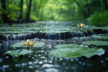 Poster - A serene pond surrounded by lush greenery, featuring water lilies and a gentle waterfall