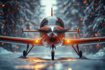 Aufkleber - A small propeller plane sits on a snow-covered runway, ready for takeoff