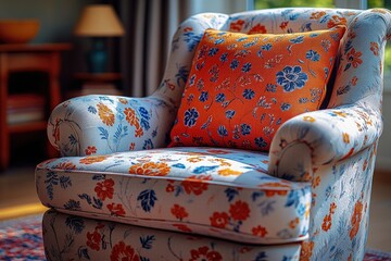 Aufkleber - Cozy home decor featuring a bright blue and orange floral patterned chair in a modern living room