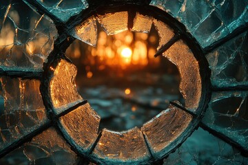 Aufkleber - A sunset view through a broken glass window with debris and shattered fragments