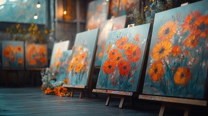 Poster - Collection of framed artworks displayed on a table, with ornate frames and varying artistic styles