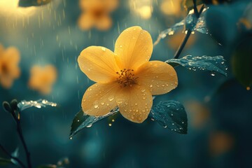 Aufkleber - A single yellow flower with water droplets glistening on its petals, perfect for use in spring or summer themed designs