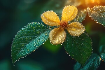 Poster - A close-up shot of a yellow flower with water droplets glistening on its petals