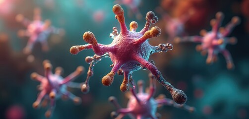 Poster - Close-up visualization of virus particle, microbiology concept. Microscopic view of bacterium with tentacles. Scientific image of pathogen cell, virology research, disease prevention, medical