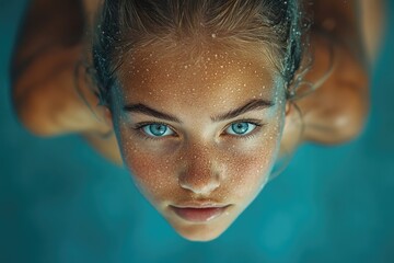 Poster - A woman swims in a blue pool with clear blue eyes
