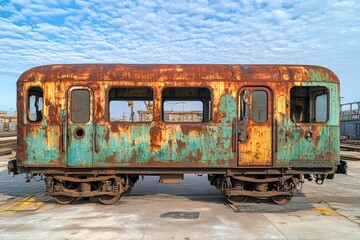 Poster - Old abandoned train car on rusty tracks, suitable for urban decay or industrial scenes