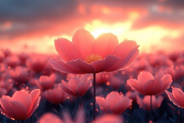 Poster - Pink flowers with the sun setting in the background, perfect for travel or nature-inspired designs