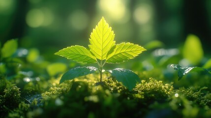 Aufkleber - A single leaf grows out of moss, highlighting nature's resilience