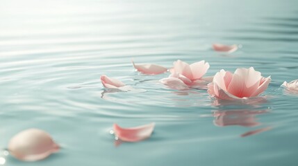 Poster - Soft pastel petals drifting on calm water under a serene sky in a peaceful natural setting Generative AI