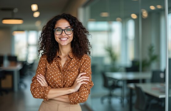 successful hispanic businesswoman portrait. young female worker in office with arms crossed smiles l