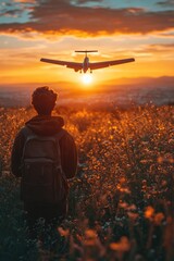 Aufkleber - A person stands in a green field, looking up at an airplane flying in the sky