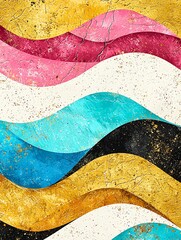 Poster - abstract wavy lines in various colors with a gold texture.