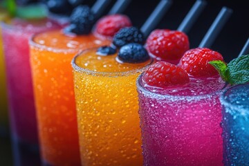 Poster - A row of colorful drinks with fresh fruits, perfect for a summer party or a healthy snack