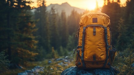 Aufkleber - A yellow backpack sits atop a rocky outcropping in a natural environment