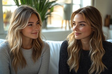 Poster - Two friends or family members sit on a couch, gazing into each other's eyes