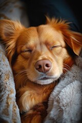 Aufkleber - A brown dog is sleeping on top of a cozy blanket